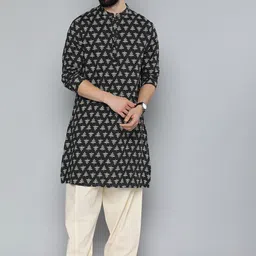 HERE&NOW Men Floral Printed Thread Work Pure Cotton Kurta with Pyjamas-image-62