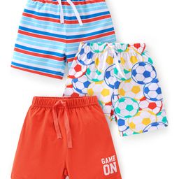 Babyhug Cotton Single Jersey Knit Shorts Stripes & Soccer Ball Print Pack Of 3 - Blue Red & White-image-59