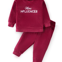 Babyhug Velour Woven Full Sleeves Winter Wear Suit With Text Embroidery - Maroon-image-2