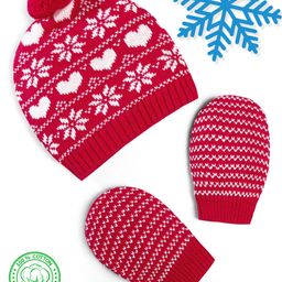 Babyhug 100% Cotton Organic Woollen Caps With Mittens Heart Print - Red & White-13