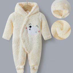 Kookie Kids Full Sleeves Winter Wear Hooded Romper With Bear Embroidery - Cream-image-18