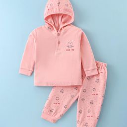 Tango Interlock Full Sleeves Hooded Night Suit With Kitten Print - Pink-image-49