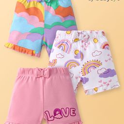 Babyoye 100% Cotton Knit Eco Conscious Knee Length Shorts Rainbow Theme Print Pack Of 3 - White & Pink-image-36