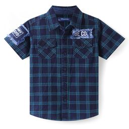 Pine Kids Woven Half Sleeves Checkered Denim Shirt with Text Patch - Navy Blue-image-18