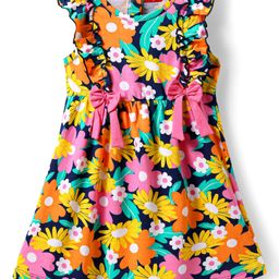 Babyhug Cotton Knit Frill Sleeves Frock With Floral Print & Bow Applique - Navy Blue-image-45