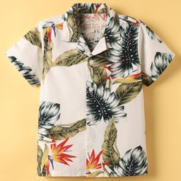 Jash Kids Cotton Woven Half Sleeves Tropical Theme Printed Shirt - White Orange & Olive Green-image-40