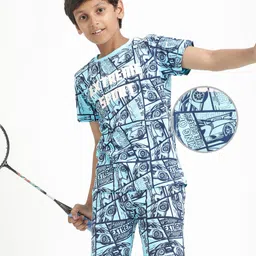 Pine Kids Single Jersey Knit Half Sleeves Co-Ords Shorts Night Suit With Extreme Sport Theme Text Print- Blue-picture-2