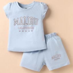 Pink Rabbit Single Jersey Knit Half Sleeves T-Shirt and Shorts Set with Malibu Text Print - Light Blue-image-47