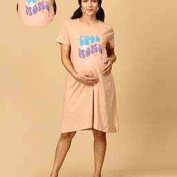 The Mom Store Half Sleeves Cool Mom Club Text Printed Oversized Maternity Dress - Beige-picture-44