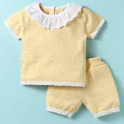 ToffyHouse Cotton Woven Half sleeves Top & Shorts Set with Lace Detailing - Yellow & White-image-59