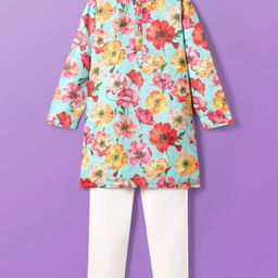 Pine Kids Cotton Woven Full Sleeves Kurta Pajama Set with Ethnic Floral Print - Light Blue & White-image-110