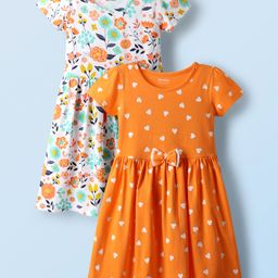 Honeyhap Premium Cotton Knit With Bio Finish Half Sleeves Frocks with Floral & Heart Print & Bow Applique Pack of 2 - Papaya & Bright White-image-93