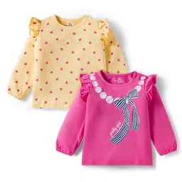 Doodle Poodle 100% Cotton Knit Full Sleeves Top With Frill Detailing Heart & Bow Print Pack of 2 - Yellow & Pink-picture-17