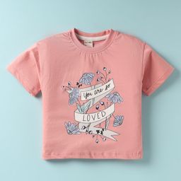 CUCUMBER Sinker Knit Half Sleeves T-Shirt With Floral Print - Peach-picture-31