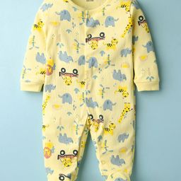 CUCUMBER Interlock Knit Full Sleeves Footed Sleep Suits with Animal Print - Light Lemon Yellow-image-79