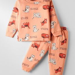 CUCUMBER Sinker Knit Full Sleeves Animal Printed Co-Ords Night Suit - Peach-picture-6