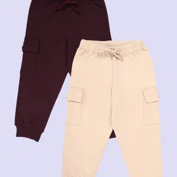 Kiddopanti Pack Of 2 Cotton Fleece Knit Solid Cargo Pocket Detailed Track Pants - Beige & Wine-picture-8
