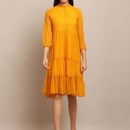 Hrikshika Fashion Women Mustard Georgette Mandarin Collar Fashion A-Line Dress-picture-12