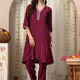 Sangria Gotta Patti V Neck A-Line Kurta With Trousers-picture-23