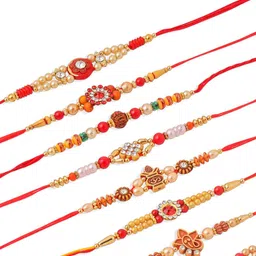 Sangria Set Of 10 Artificial Stones Studded & Beaded Thread Rakhis With Roli Chawal image 4