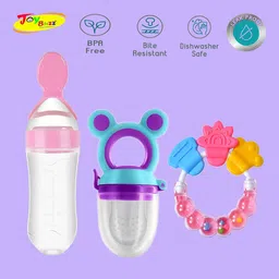 Joy Buzz Kids Set Of 3 Food Feeder Bottle Fruit Nibbler & Rattle Teether - Pink-33