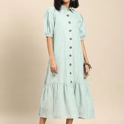 anayna Striped Puff Sleeve A-Line Cotton Midi Dress-image-51