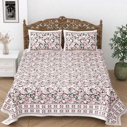 Desi Mantra Pink & White Floral Printed 120 TC Queen Bedsheet Set 2.29 m x 2.77 m-image-78