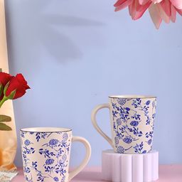 Olive Home Accents Off White & Blue Printed Stoneware Glossy Mugs Set of Cups and Mugs-55