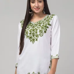 ILMA CREATION Floral Yoke Design Notch Neck Pure Cotton Straight Kurti-image-4