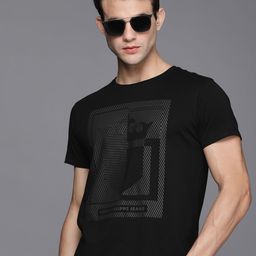 Louis Philippe Jeans Men Black Graphic Printed Pure Cotton Slim Fit Casual T-shirt-image-12