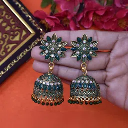 MEIRA JEWELLERY Artificial Stones Studded And Beaded Dome Shaped Jhumkas-picture-43