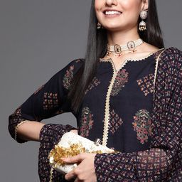 Libas Women Navy Blue & Red Floral Printed Gotta Patti Kurta with Palazzos & Dupatta-picture-42