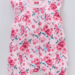 Babyhug 100% Cotton Knit Cap Sleeves Romper Floral Print - Pink-image-12