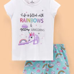 Ollypop Cotton Lycra Half Sleeves Night Suit Unicorn Print - White-image-16