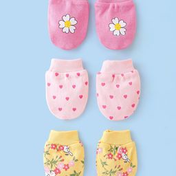 Babyhug 100% Cotton Heart & Floral Print Mittens  Set of 3 - Pink & Yellow-33