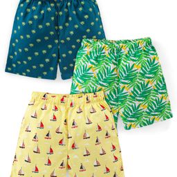 Babyhug Cotton Woven Boxers Leaf & Boat Print Pack Of 3- Yellow Green & Blue-image-48