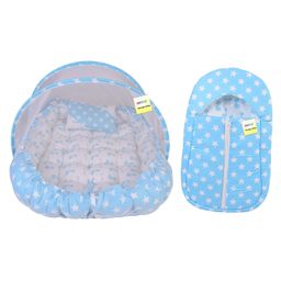 Kwitchy Baby Bedding Set for New Born Cushioned Mattress with Mosquito Net & Sleeping Bag Combo Blue-0