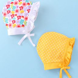 Babyhug 100% Cotton Caps Floral Print Pack of 2 - White & Yellow-picture-10