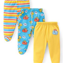 Babyhug Cotton Knit Interlock Footed Bootie Leggings Striped & Dino Print Pack of 3 - Blue & Yellow-image-52