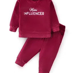 Babyhug Velour Woven Full Sleeves Winter Wear Suit With Text Embroidery - Maroon-picture-29
