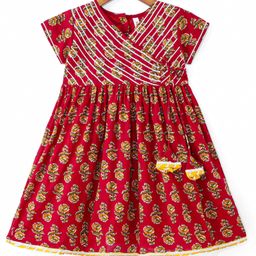 Babyhug Cotton Woven Floral Printed Half Sleeves Ethnic Dress with Tassle Detailing -  Red-image-17