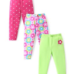 Babyhug Cotton Lycra Full Length Skinny Fit Leggings Floral & Polka Dot Print Pack of 3 - Dark Pink White & Light Green-image-78