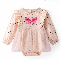 Babyoye 100% Cotton Interlock with Eco-Jiva Finish Knit Full Sleeves Frock Style Onesies with Frill & Butterfly  Applique- Cream & Pink-image-89