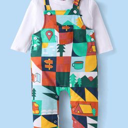 Babyhug Single Jersey Knit Full Sleeves Solid T-Shirt & Dungaree Style Romper with Jungle Theme Print - White & Green-image-25
