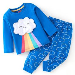 Babyhug Cotton Knit Full Sleeves Clouds DetailingNight Suit - Blue-image-92