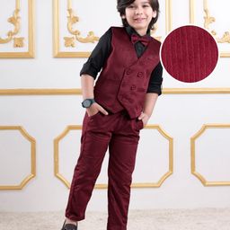Mark & Mia Full Sleeves Solid Colour 3 Piece Party Suit with Bow - Maroon & Black-image-60