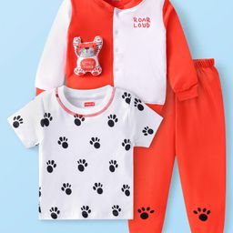 Babyhug Terry Knit Full Sleeves Tiger Applique Jacket with Paw Print T-Shirt & Joggers Set - White & Dark Orange-image-89
