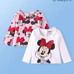 Babyoye Disney Single Jersey Knit Full Sleeves Frills & Kingari Lace Detailing Tops with Minnie Mouse Graphics - White & Pink-picture-14