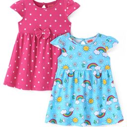 Babyhug Single Jersey Knit Half Cap Sleeves Polka Dot & Floral Printed Frocks Pack of 2 - Pink & Light Blue-image-46