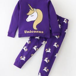Unicorns Cotton Full Sleeves Unicorns Printed Coordinating Tee & Pajama Set - Purple-picture-27